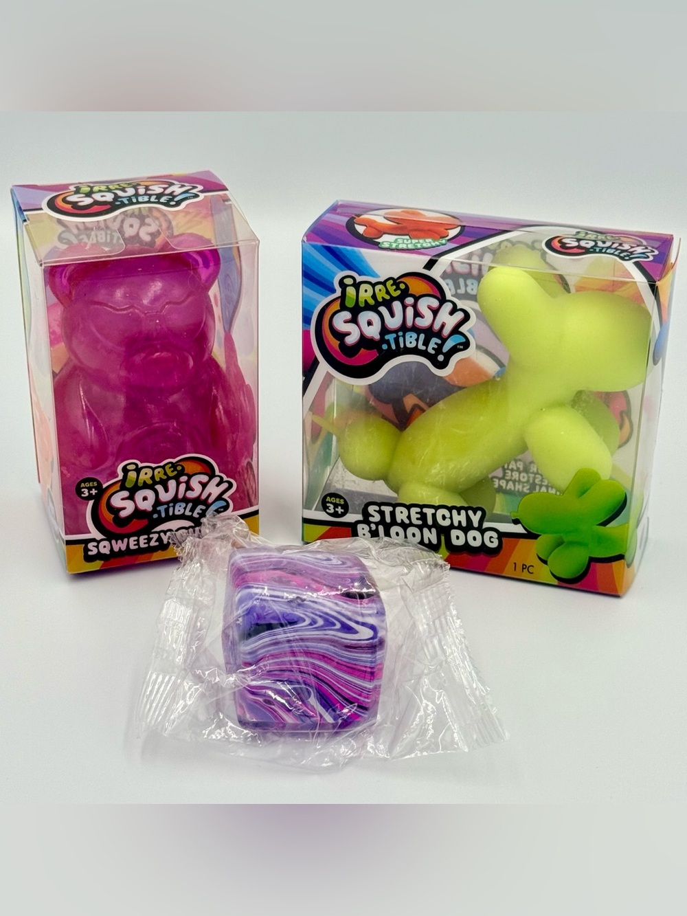 Viral Yellow Balloon Dog Stretchy/ Gummy Bear & Sugar Swirl Cube Squish Toy
